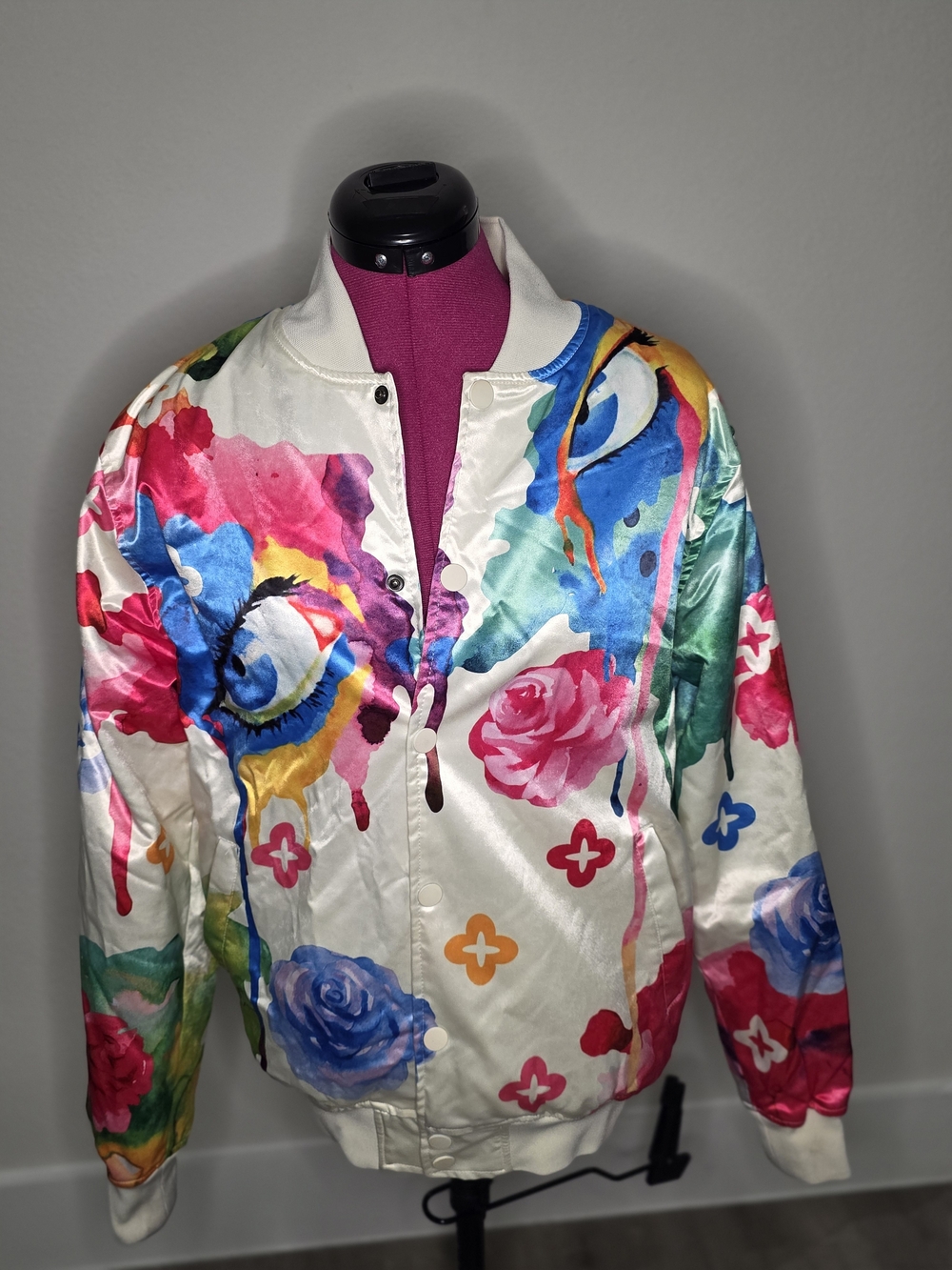 Roku Studio White Floral Watercolor Varsity Jacket with Multicolor Accents